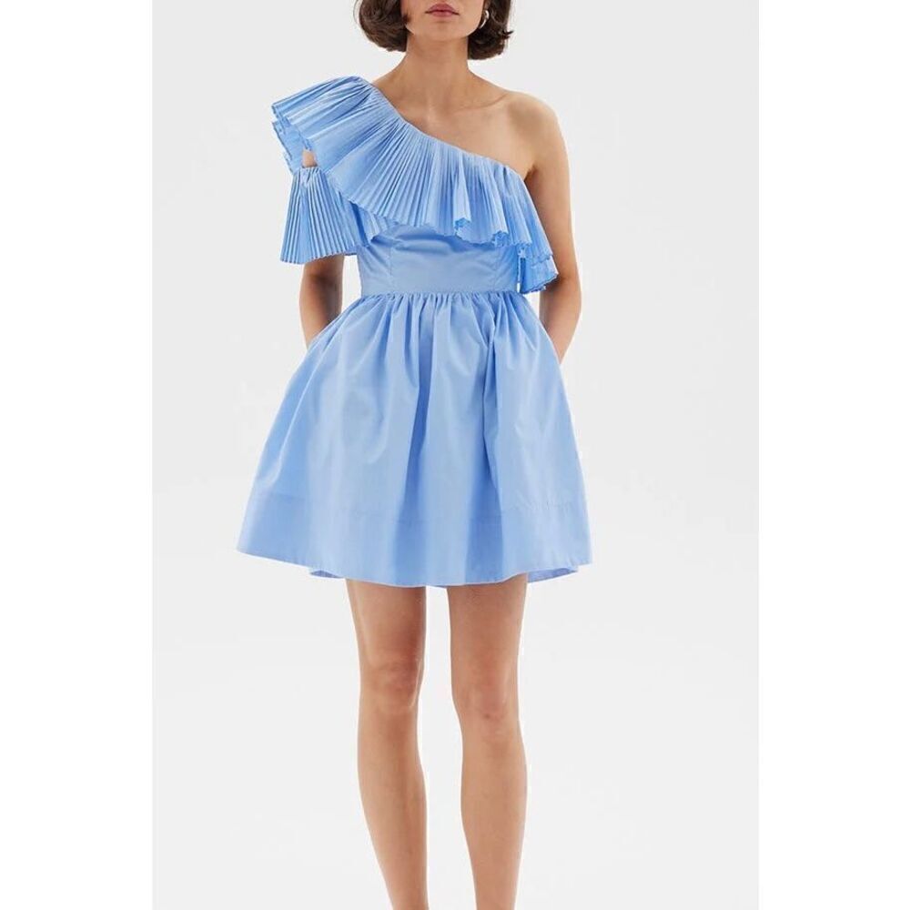 SOVERE Bliss Asymmetrical shoulder frill Mini Dress Blue size S NWT189